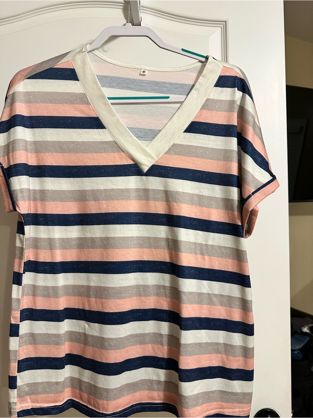 Striped V-Neck Short Sleeve Top - Pink, Navy & Cream